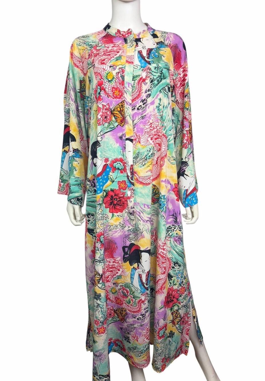 Natori Women's L Asian Graphic Expression Floor Length Kimono Kaftan Dress EUC